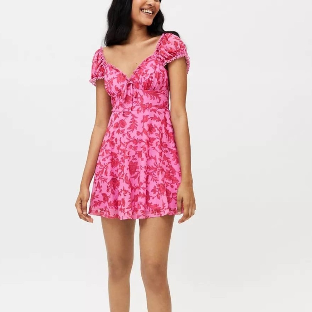 Urban Outfitters Audrey Mesh Mini Dress in pink.